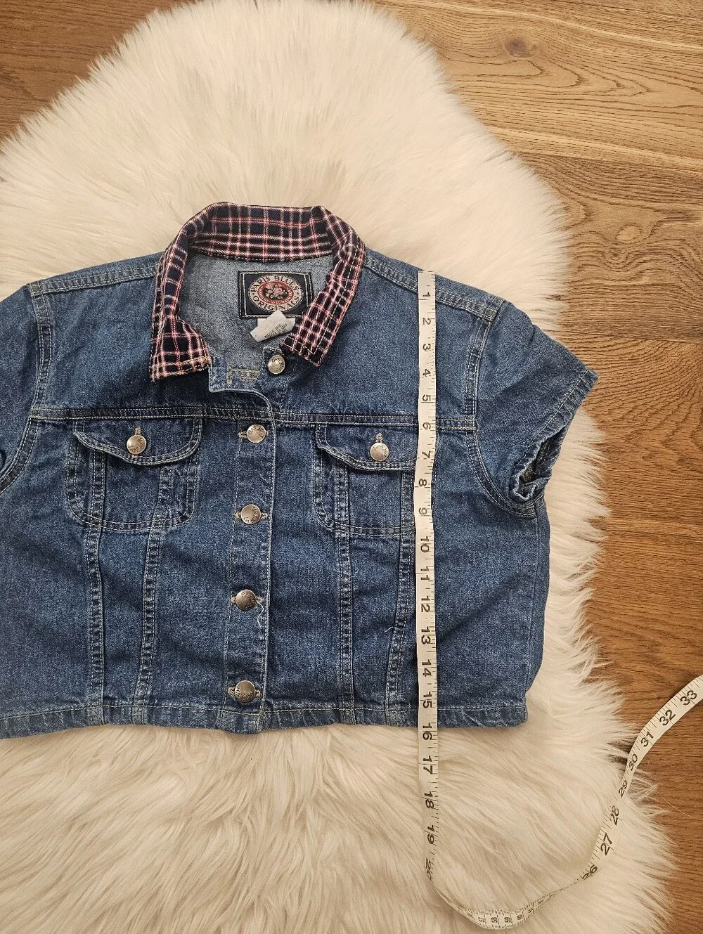 Vintage Paris Blues Denim Crop Jacket with Plaid Lining